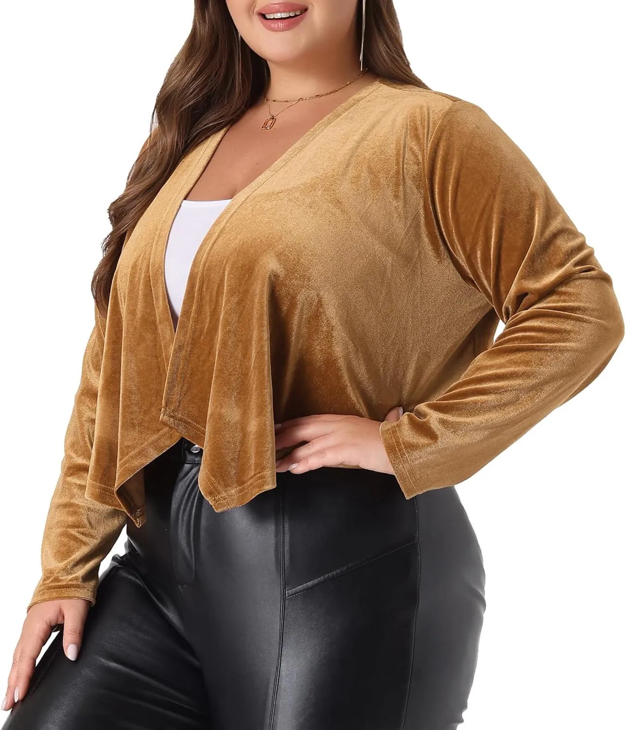Agnes Orinda Plus Size Velvet Cardigan for Women Open Front Long Sleeve Cropped Jacket Cardigans