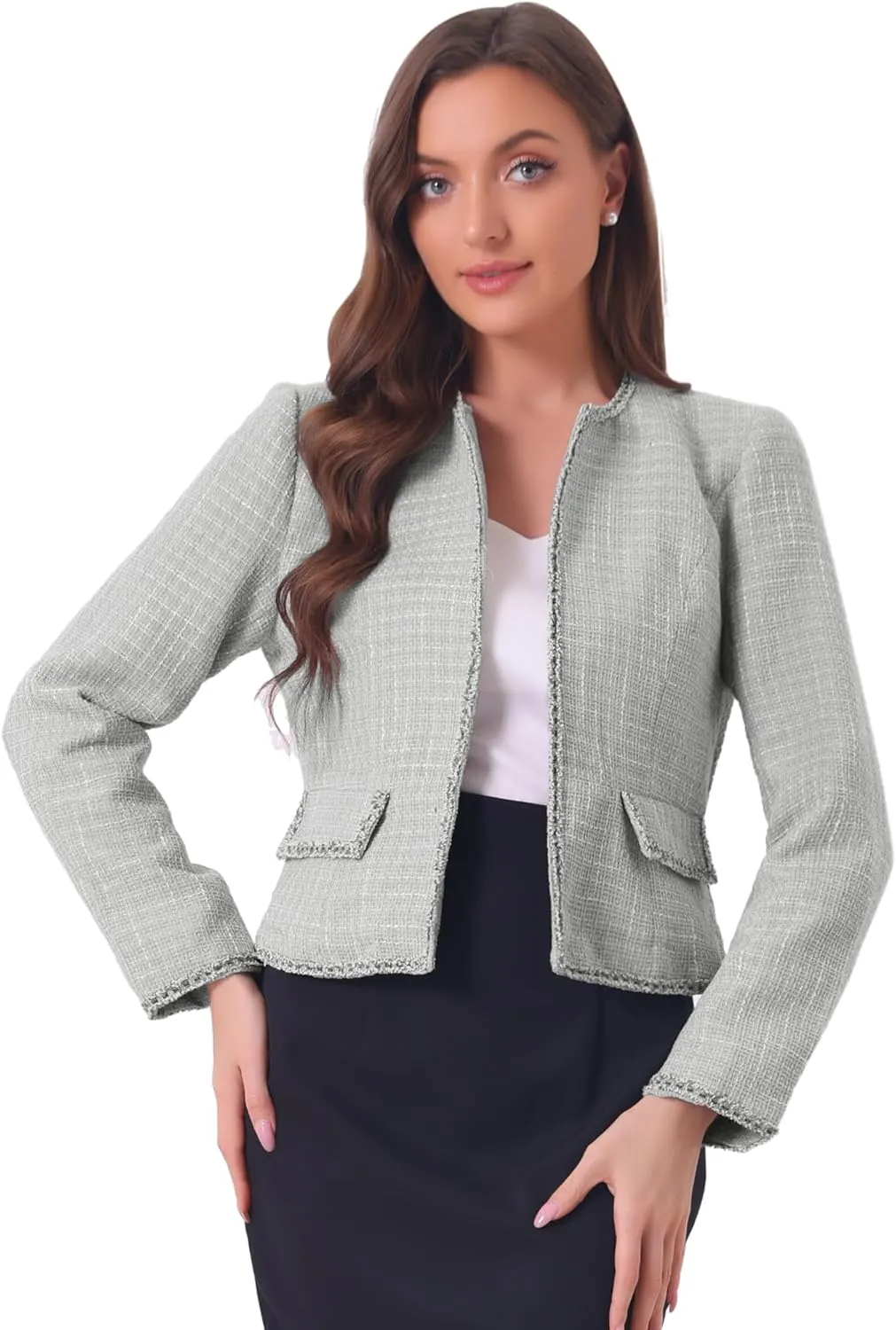 Allegra K Women's Christmas Plaid Tweed Blazer Long Sleeve Open Front Work Office Short Jacket