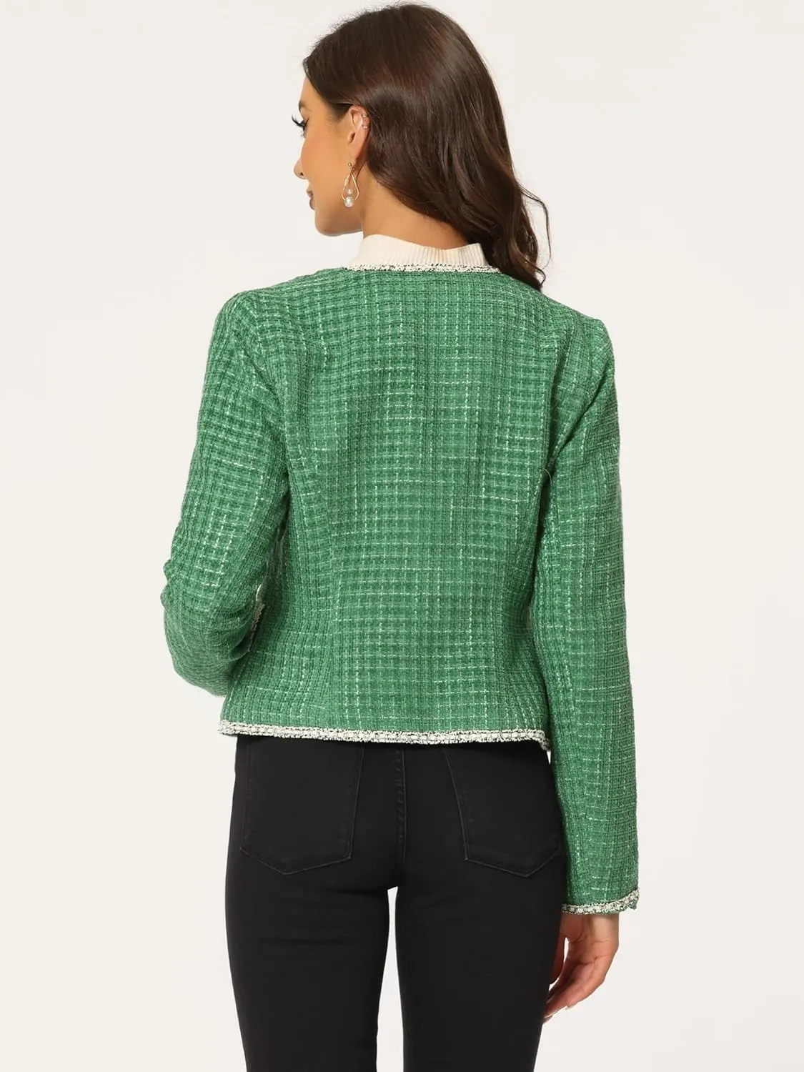 Allegra K Women's Christmas Plaid Tweed Blazer Long Sleeve Open Front Work Office Short Jacket