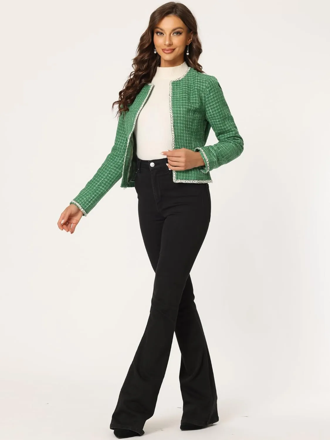 Allegra K Women's Christmas Plaid Tweed Blazer Long Sleeve Open Front Work Office Short Jacket