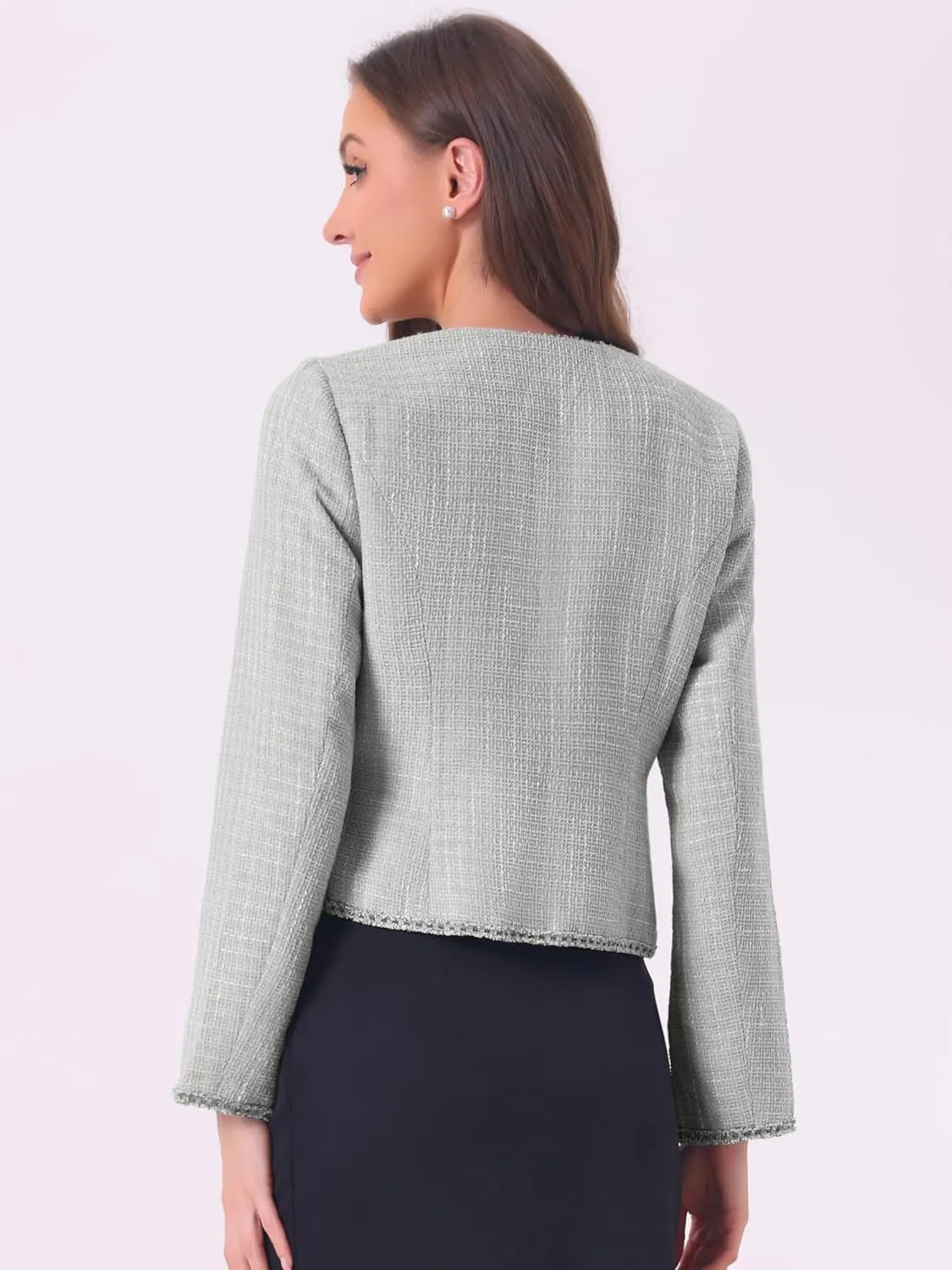 Allegra K Women's Christmas Plaid Tweed Blazer Long Sleeve Open Front Work Office Short Jacket