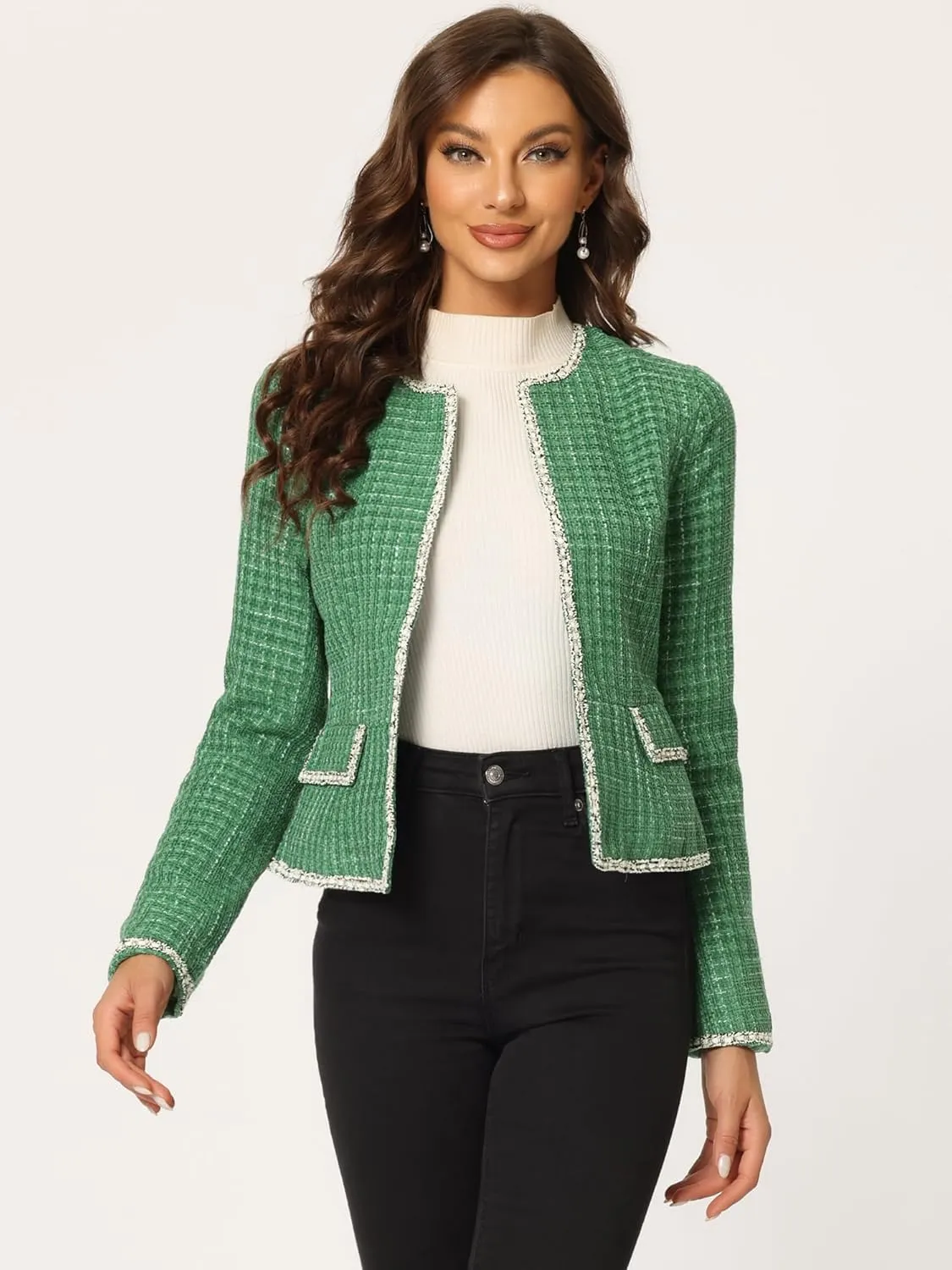 Allegra K Women's Christmas Plaid Tweed Blazer Long Sleeve Open Front Work Office Short Jacket