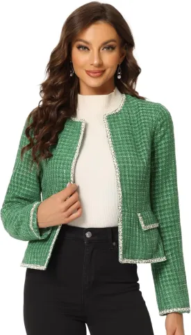 Allegra K Women's Christmas Plaid Tweed Blazer Long Sleeve Open Front Work Office Short Jacket