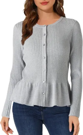 Beautiful Nomad Women's Long Sleeve Cardigan Peplum Sweater Crew Neck Button Tops Knit Ribbed Elegant Outwear Coat