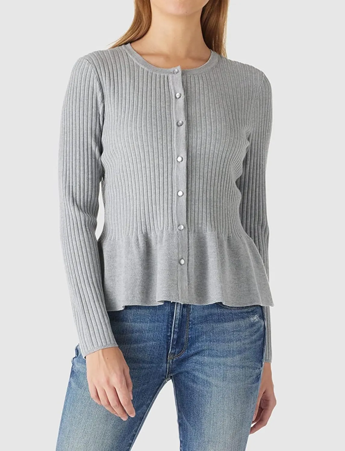 Beautiful Nomad Women's Long Sleeve Cardigan Peplum Sweater Crew Neck Button Tops Knit Ribbed Elegant Outwear Coat
