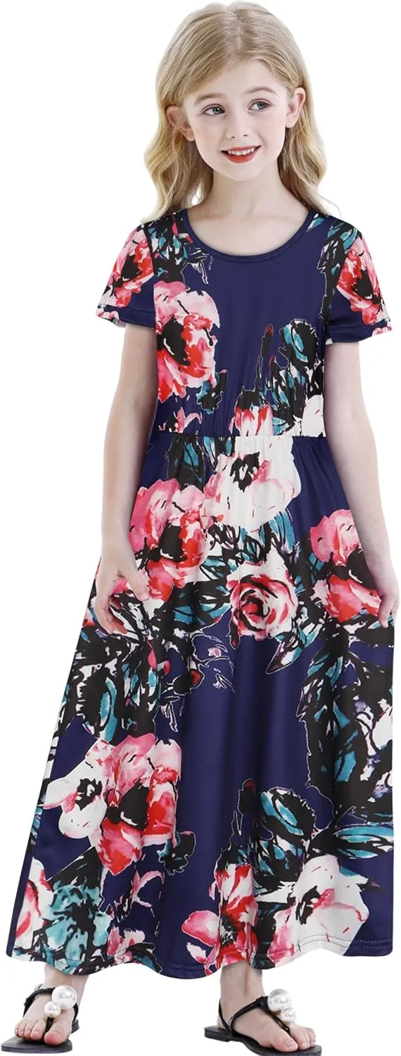 Benylion Tween Girls Dresses for Holiday Playwear Casual Boho Floral Print Junior Dresses for Teen Girls Maxi Dress