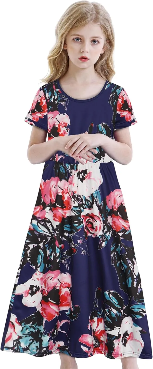 Benylion Tween Girls Dresses for Holiday Playwear Casual Boho Floral Print Junior Dresses for Teen Girls Maxi Dress