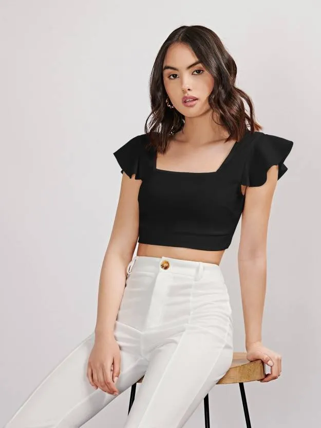 Black Solid Flared Sleeves Crop Top