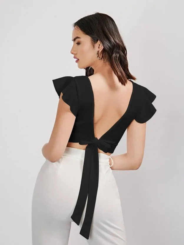 Black Solid Flared Sleeves Crop Top