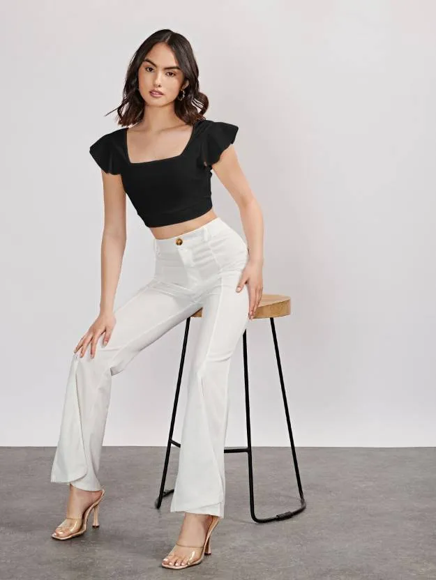 Black Solid Flared Sleeves Crop Top