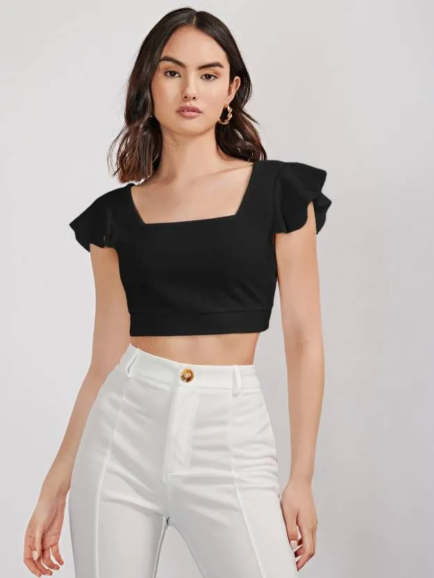 Black Solid Flared Sleeves Crop Top