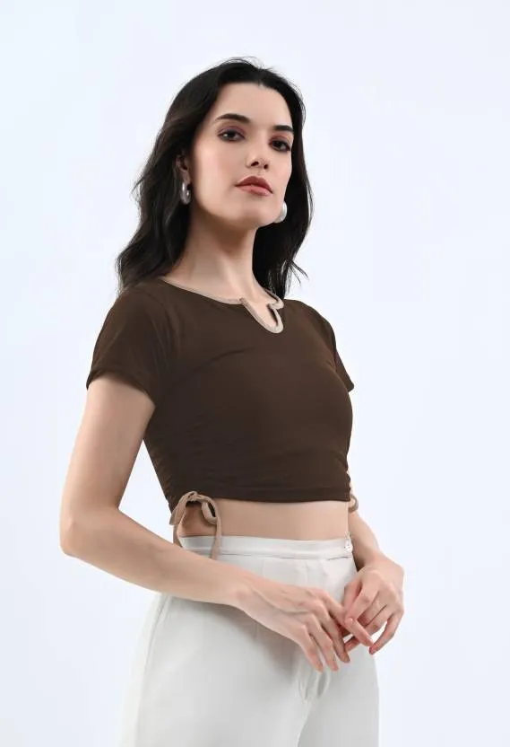 Brown Solid Round Neck  Crop Top