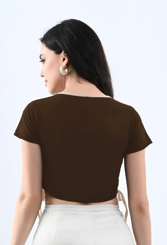 Brown Solid Round Neck  Crop Top