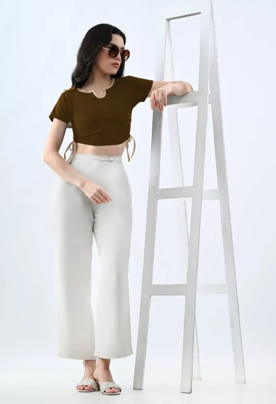 Brown Solid Round Neck  Crop Top