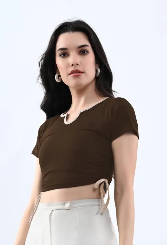 Brown Solid Round Neck  Crop Top