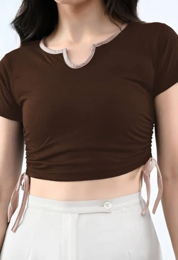 Brown Solid Round Neck  Crop Top