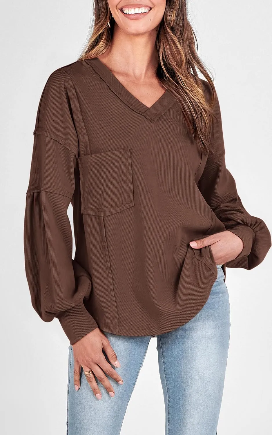 BTFBM Women's Ribbed Long Sleeve Tops 2025 Summer Spring Pullover Knit Casual V Neck Blouses Trendy Loose Fit Tunic Top