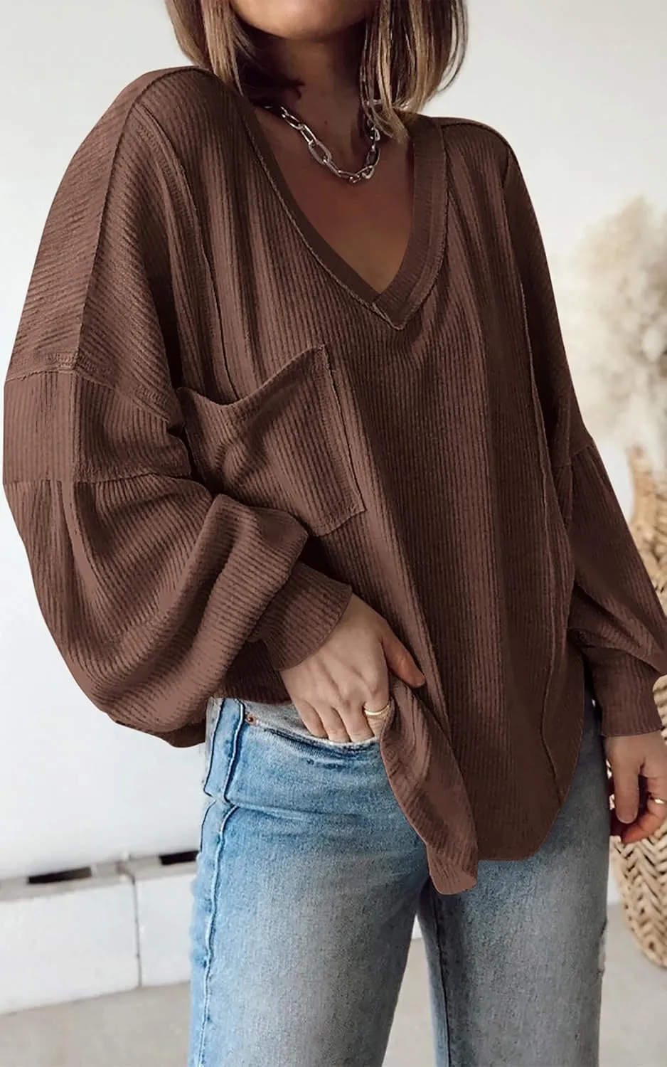BTFBM Women's Ribbed Long Sleeve Tops 2025 Summer Spring Pullover Knit Casual V Neck Blouses Trendy Loose Fit Tunic Top