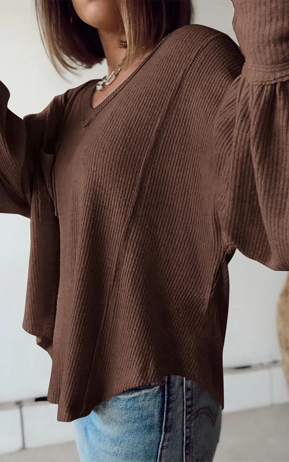 BTFBM Women's Ribbed Long Sleeve Tops 2025 Summer Spring Pullover Knit Casual V Neck Blouses Trendy Loose Fit Tunic Top