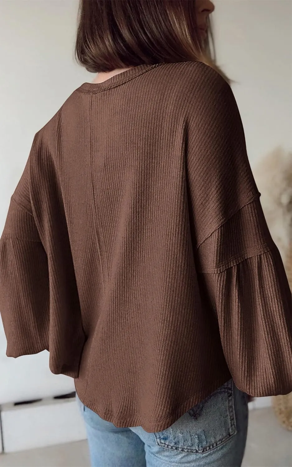 BTFBM Women's Ribbed Long Sleeve Tops 2025 Summer Spring Pullover Knit Casual V Neck Blouses Trendy Loose Fit Tunic Top