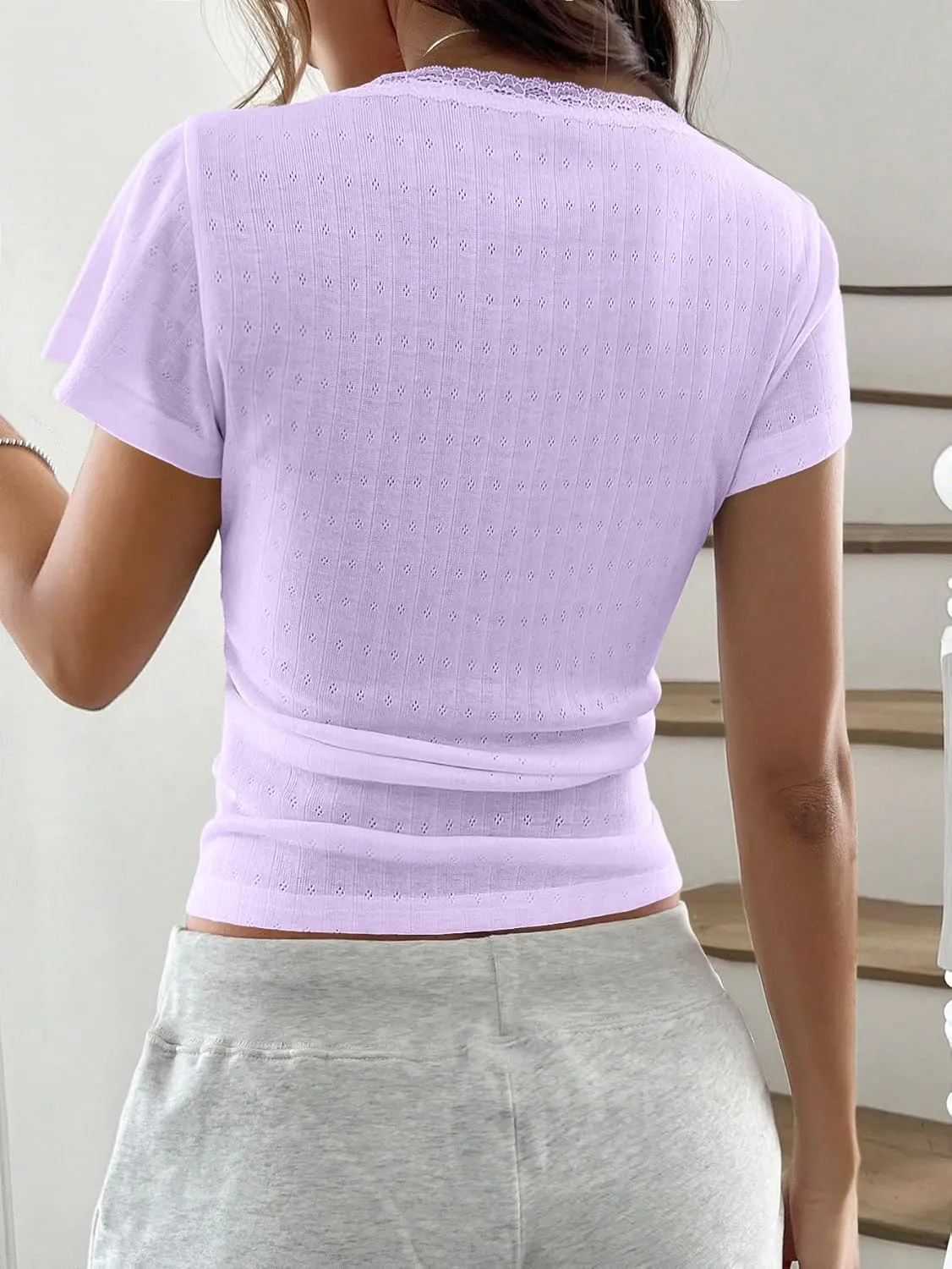 Cioatin Women Y2K Lace Patchwork Short Sleeve Pointelle Crop Tshirt Button Up Scoop Neck Henley Tee Shirt Tops Summer