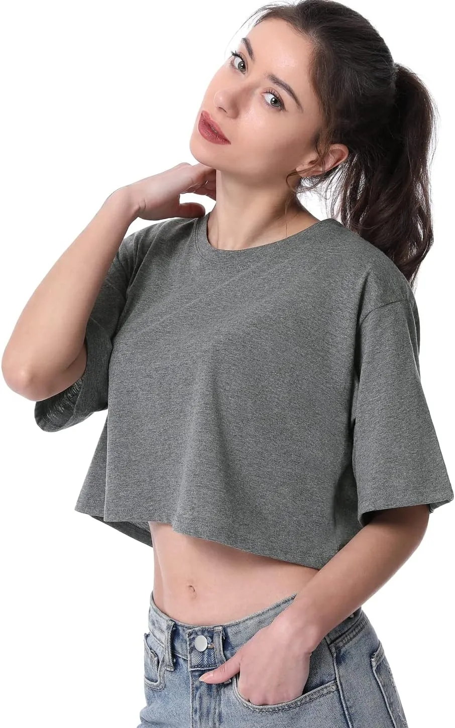 Cosy Pyro 4-Pack Women's Cotton Crop T-Shirts Short Sleeve Solid Cropped Athletic Top Round Neck Casual Workout Yoga Tees