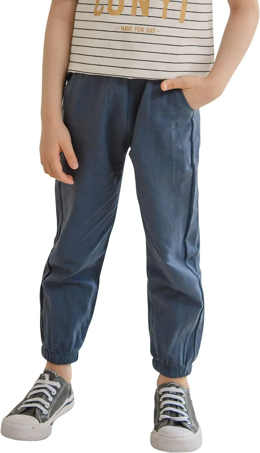 CUNYI Boys' Linen Pull-On Jogger Pants Solid Color Casual Pants