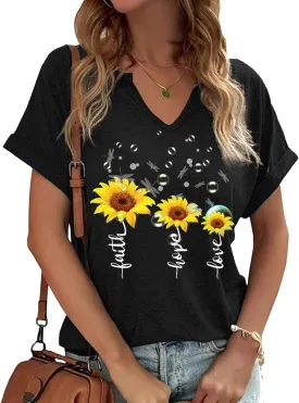 Dandelion Shirts Women's Cute V Neck Sunflower Wildflower Flower Lovers Graphic Casual Printed Tee Tops