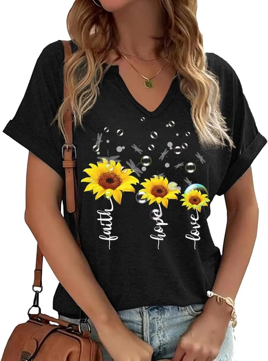 Dandelion Shirts Women's Cute V Neck Sunflower Wildflower Flower Lovers Graphic Casual Printed Tee Tops