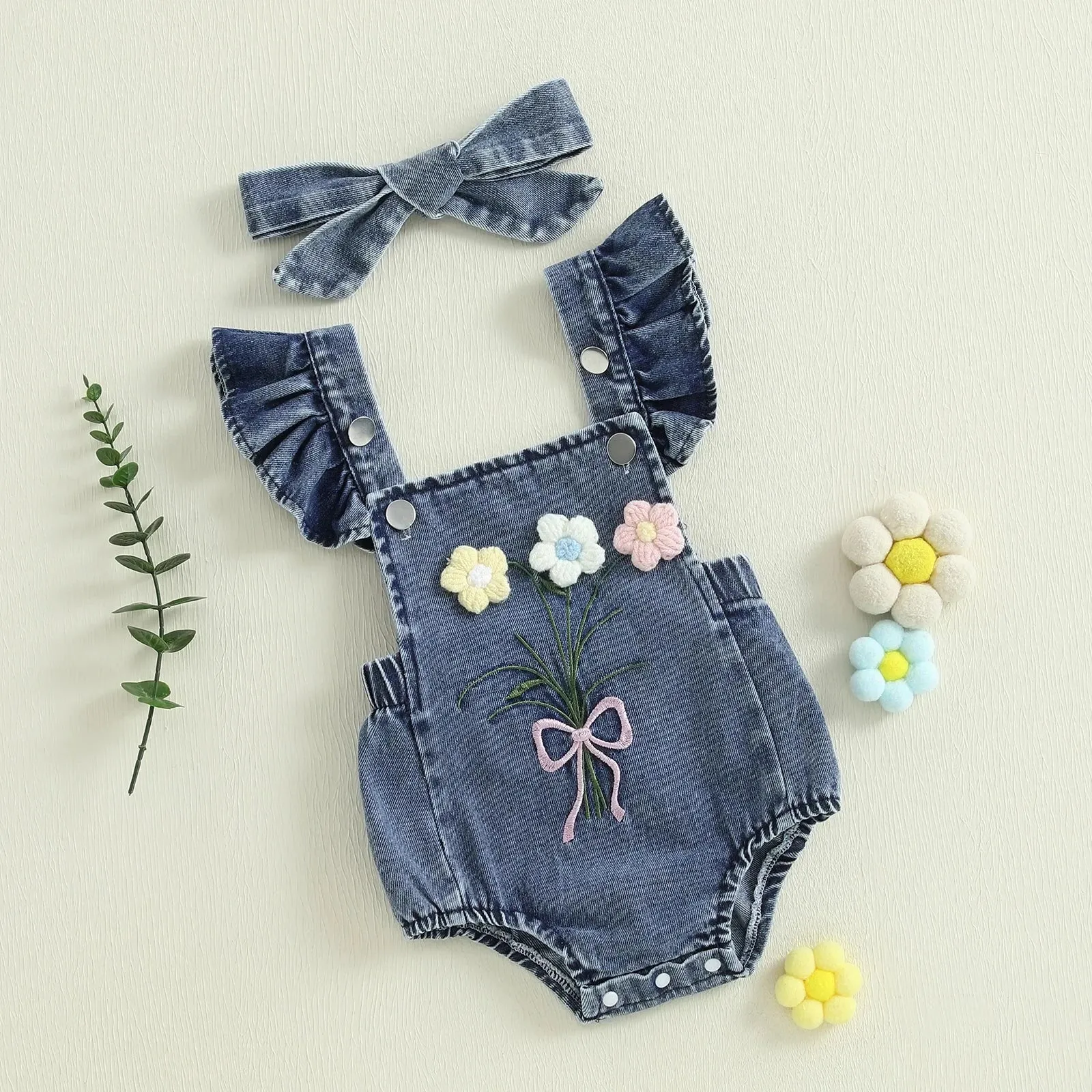 Denim Knit Flower Romper & Bow
