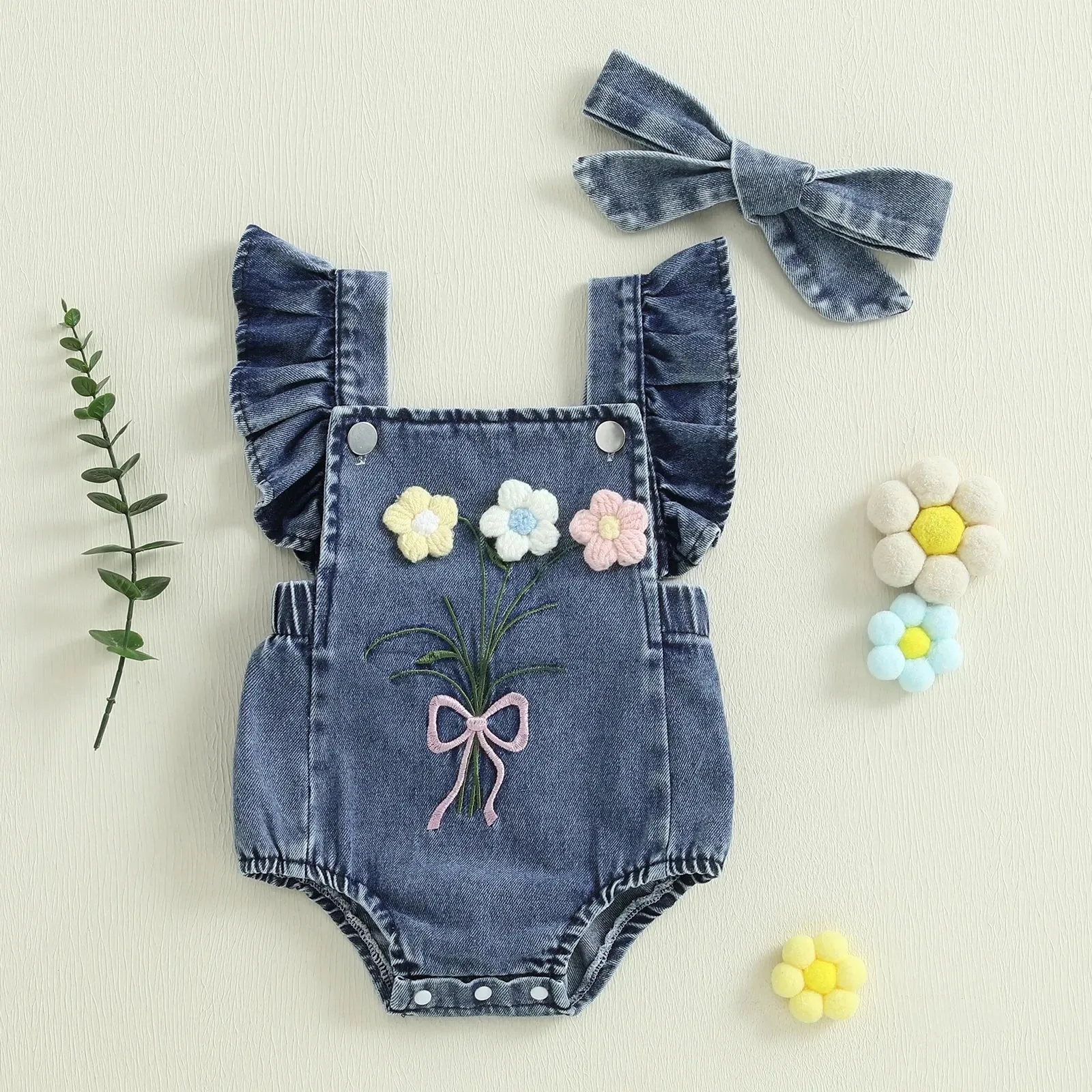 Denim Knit Flower Romper & Bow