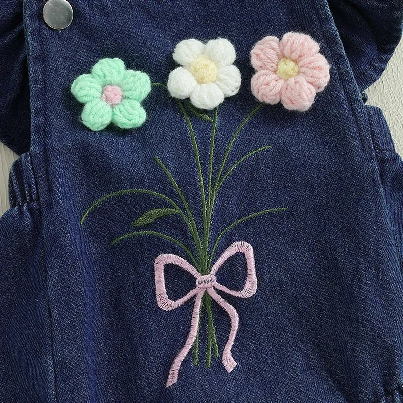 Denim Knit Flower Romper & Bow