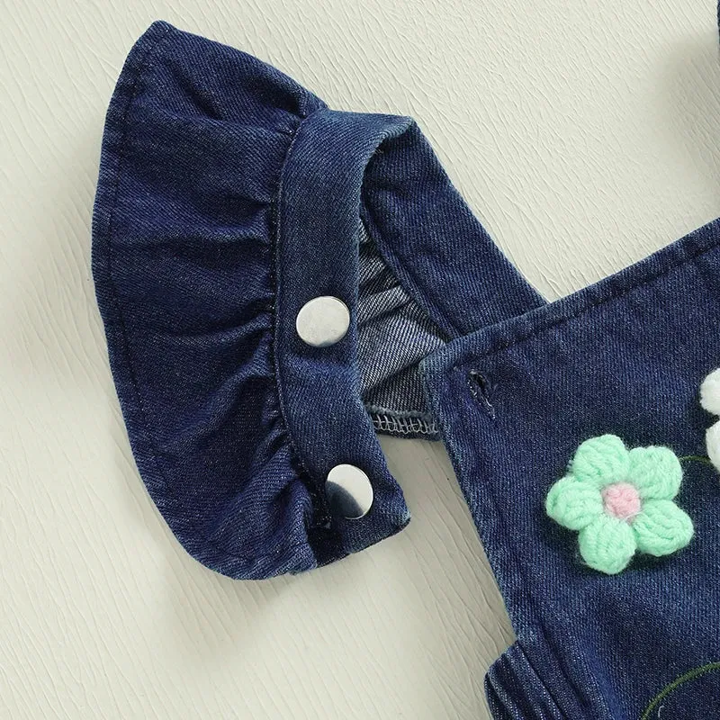 Denim Knit Flower Romper & Bow