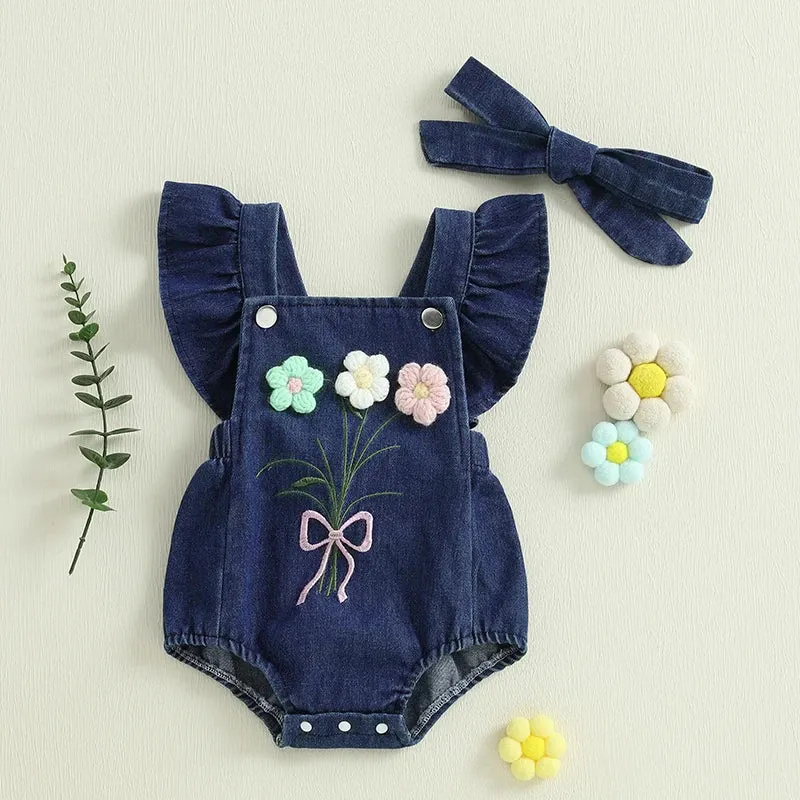 Denim Knit Flower Romper & Bow