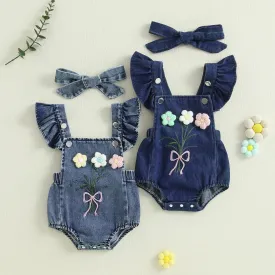 Denim Knit Flower Romper & Bow