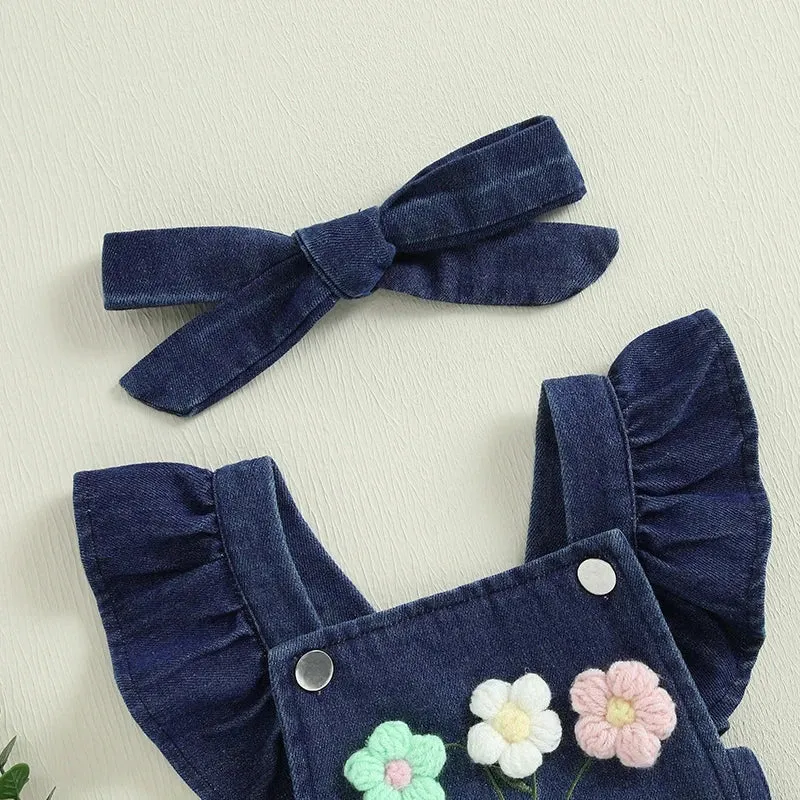 Denim Knit Flower Romper & Bow