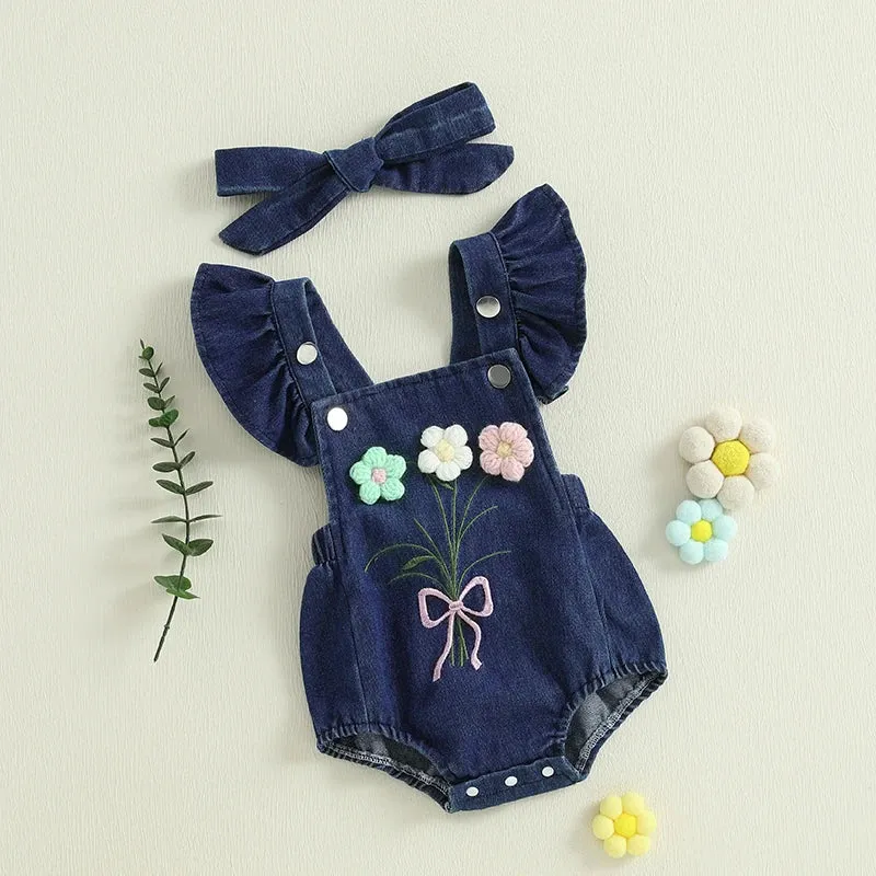 Denim Knit Flower Romper & Bow
