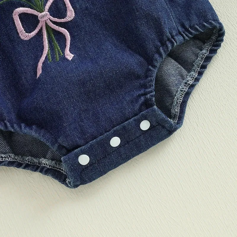 Denim Knit Flower Romper & Bow
