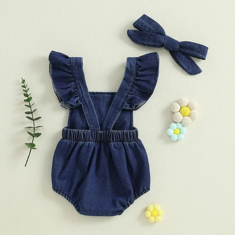 Denim Knit Flower Romper & Bow