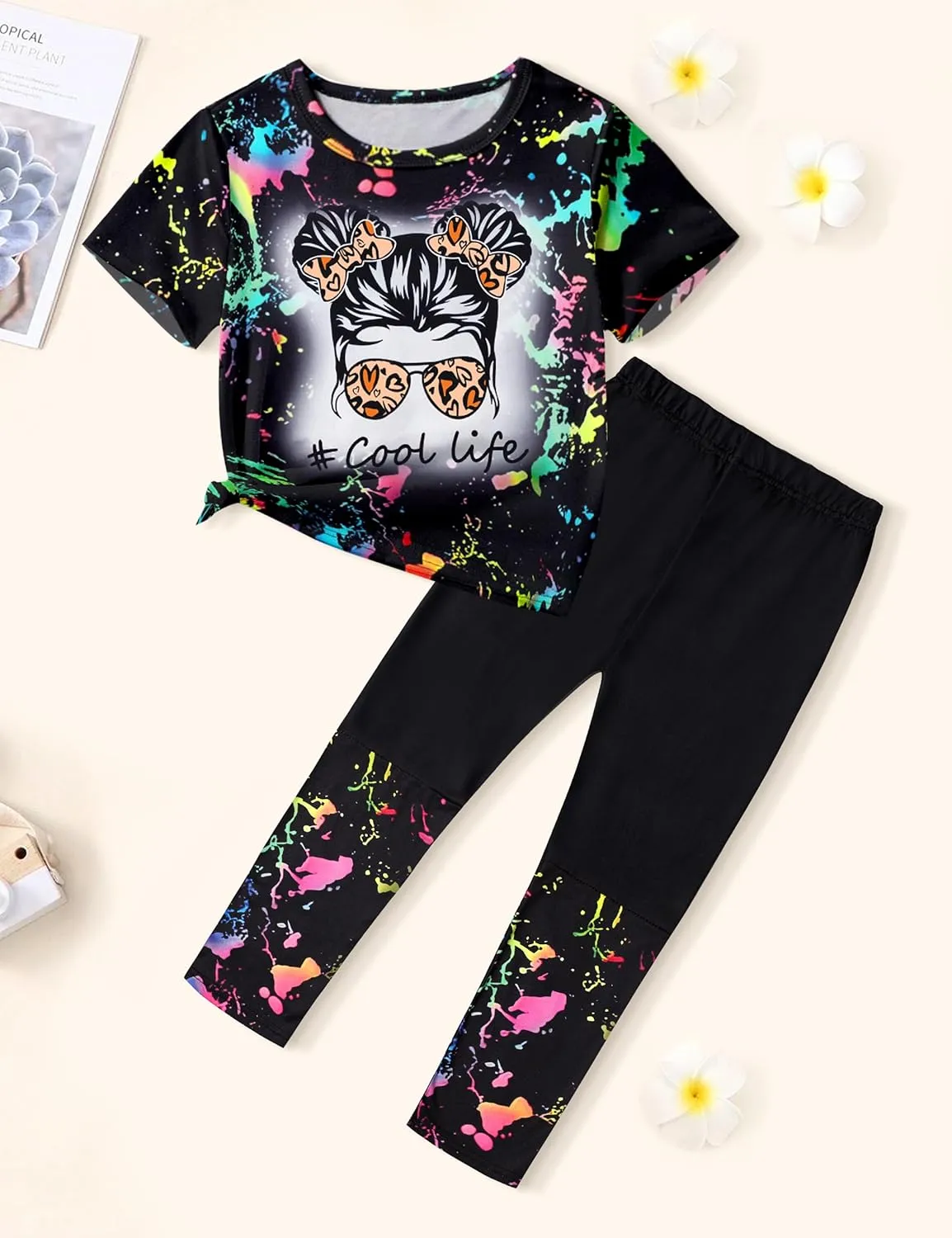 DONWEN Girls Clothes Tie Dye Outfits,2 Piece Girl Sweatsuit Graphic Short Sleeve Tops Long Pants Summer Clothes for Girls