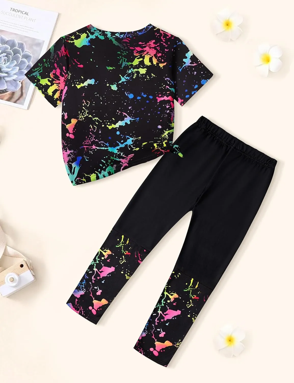 DONWEN Girls Clothes Tie Dye Outfits,2 Piece Girl Sweatsuit Graphic Short Sleeve Tops Long Pants Summer Clothes for Girls