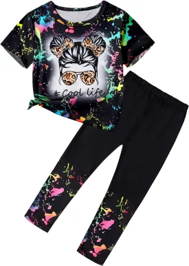 DONWEN Girls Clothes Tie Dye Outfits,2 Piece Girl Sweatsuit Graphic Short Sleeve Tops Long Pants Summer Clothes for Girls