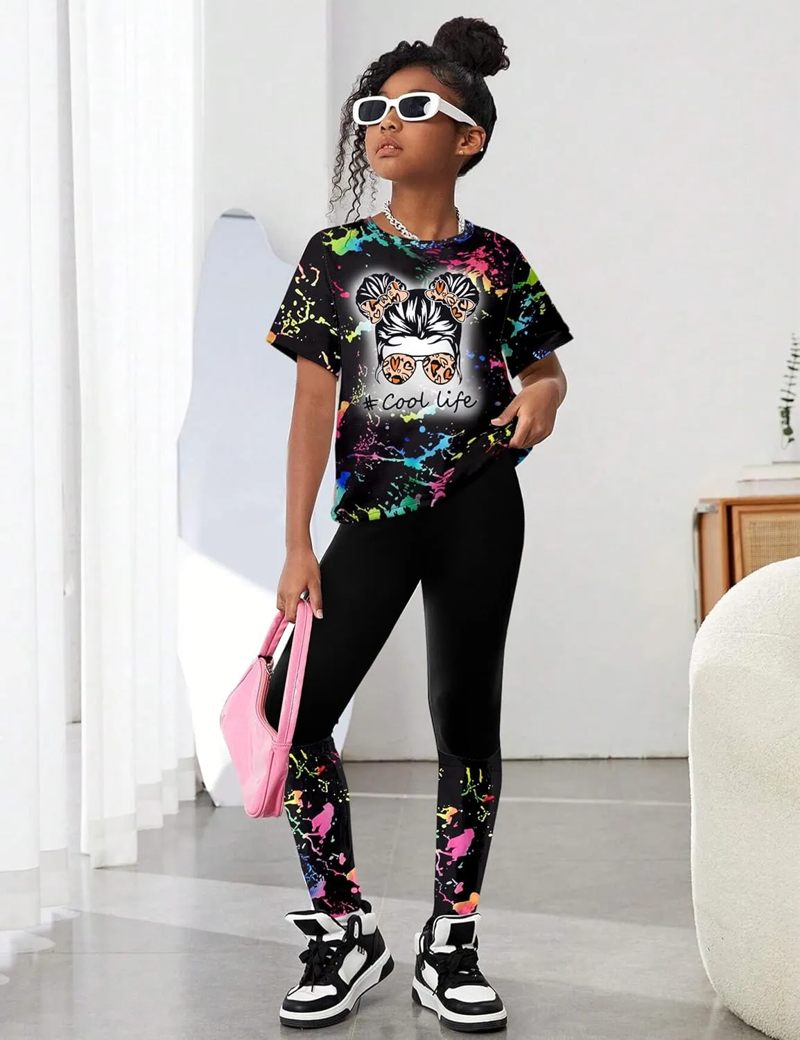 DONWEN Girls Clothes Tie Dye Outfits,2 Piece Girl Sweatsuit Graphic Short Sleeve Tops Long Pants Summer Clothes for Girls