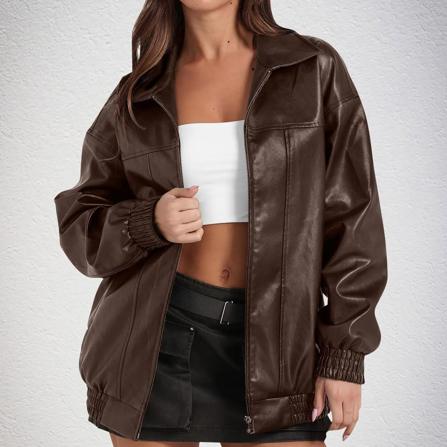 Faux Leather Jacket for Women Lapel Oversized Motorcycle Jacket Zip Up Bomber Coats Winter Fashion 2025 Fall Outfits