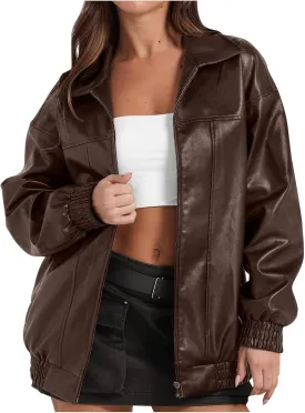 Faux Leather Jacket for Women Lapel Oversized Motorcycle Jacket Zip Up Bomber Coats Winter Fashion 2025 Fall Outfits