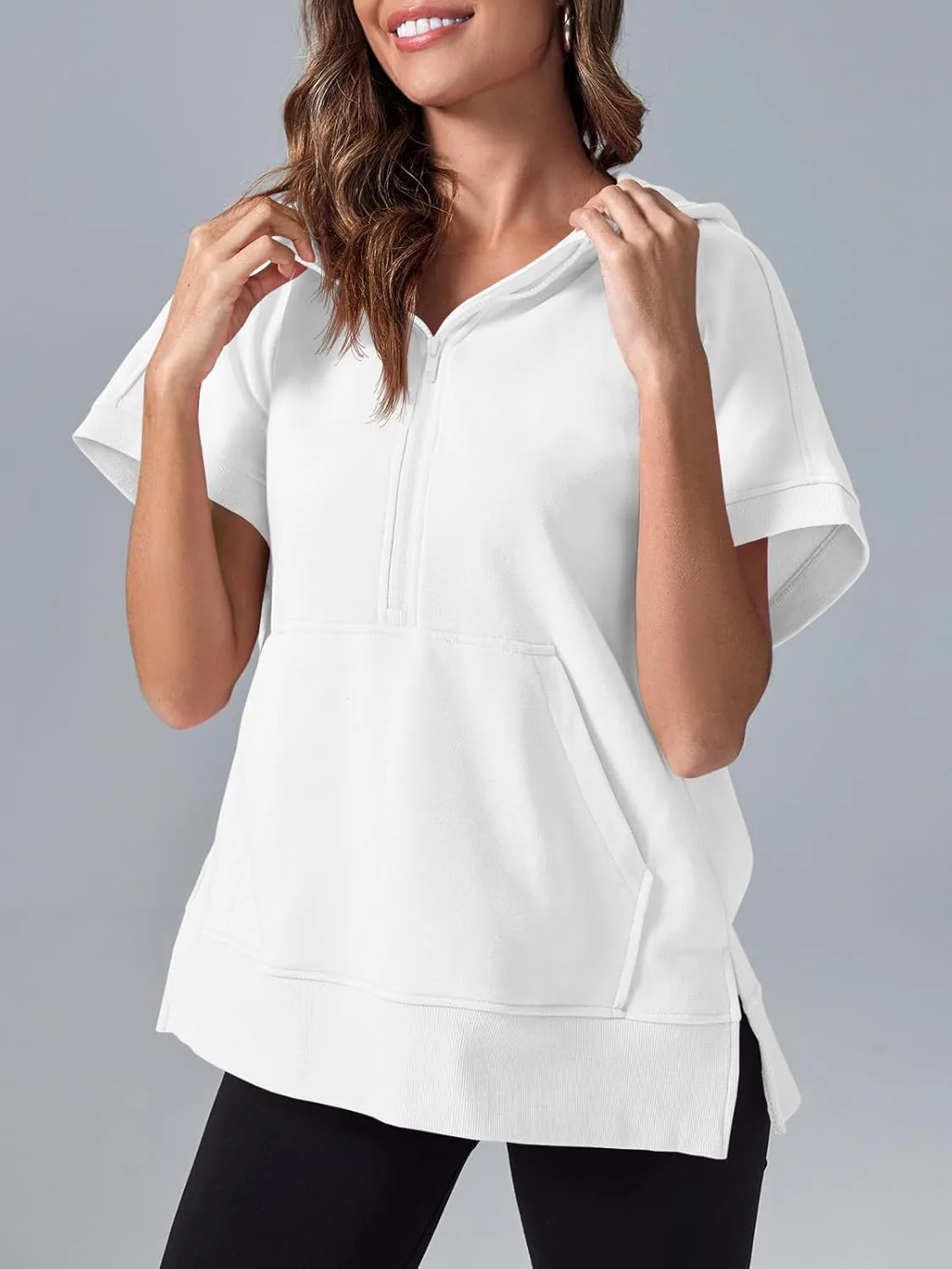 Fisoew Womens Oversized Half Zip Hoodies Short Sleeve Casual Sweatshirts Pullover Tops with Pockets