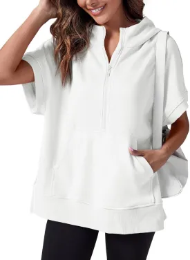 Fisoew Womens Oversized Half Zip Hoodies Short Sleeve Casual Sweatshirts Pullover Tops with Pockets
