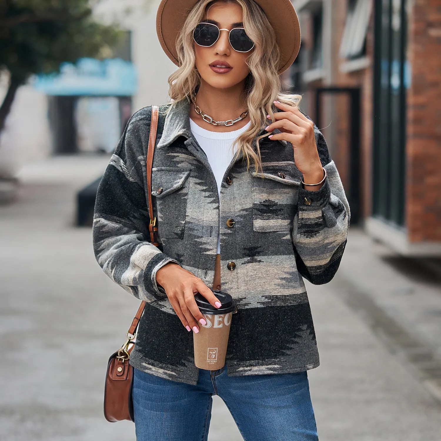 Geometric Pattern Short Loose Lapel Pocket Button Women's Woolen Coat Women
