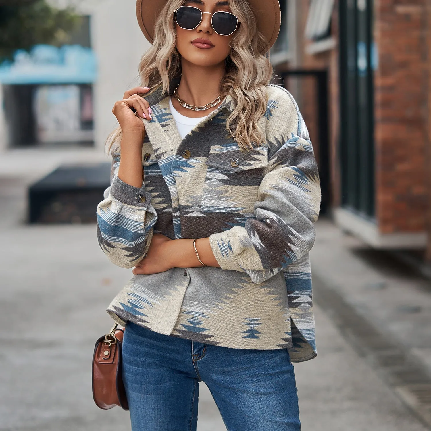 Geometric Pattern Short Loose Lapel Pocket Button Women's Woolen Coat Women