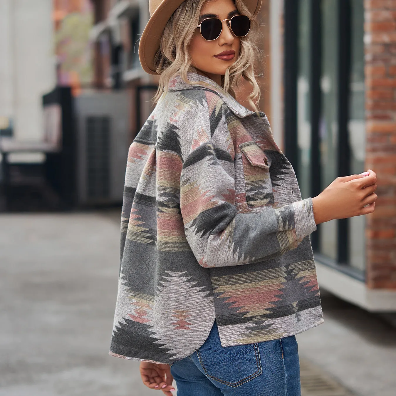 Geometric Pattern Short Loose Lapel Pocket Button Women's Woolen Coat Women